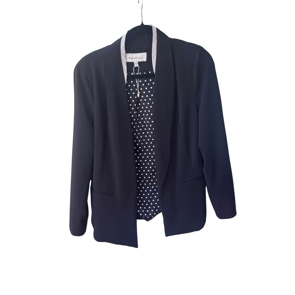 Daniel Rainn Jacket Open Blazer Womens Large Black White Polka Dot Lined Stretch